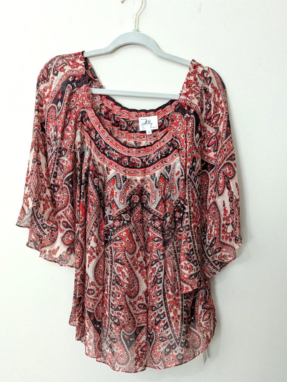 Milly of New York Women’s Silk Paisley Peasant Blouse – Red Multi – Size 4